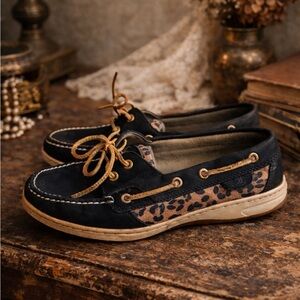 Sperry Top-Sider Black Leather Leopard Print Lace Up Boat Shoes Sz 9.5 M